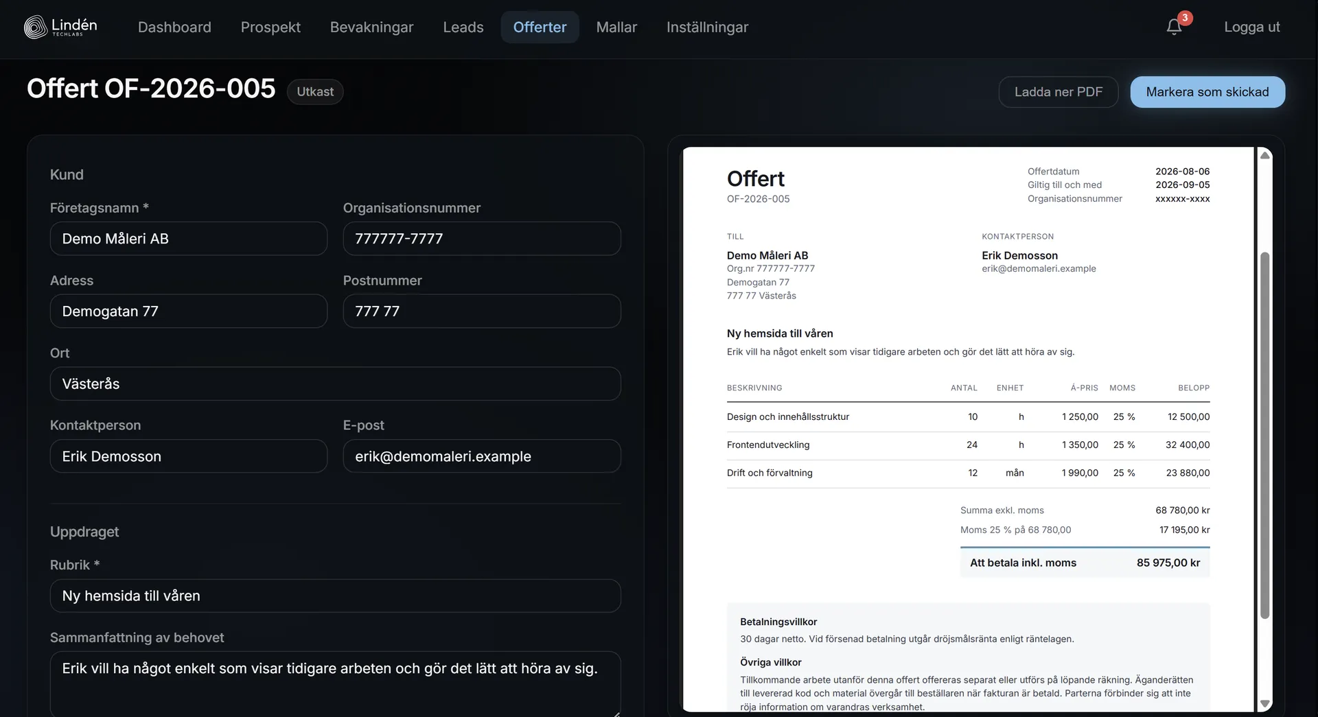 Offertvyn med formuläret till vänster och en live-förhandsgranskning av PDF-dokumentet till höger.